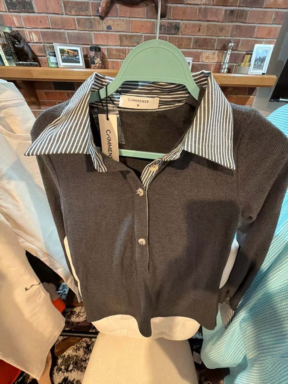 Commense Striped Shirt Panel Knit Top Grey Medium